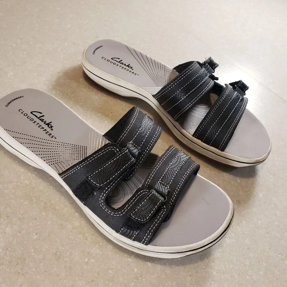 Clarks Cloudsteppers Breeze Piper Black Comfort Slide Sandals Women’s US 8